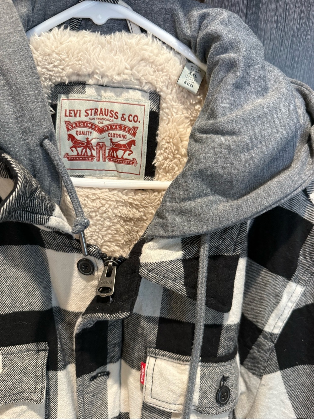Levi's Black & White Buffalo Plaid Hooded Shacket with Sherpa Lining - Picture 3 of 4